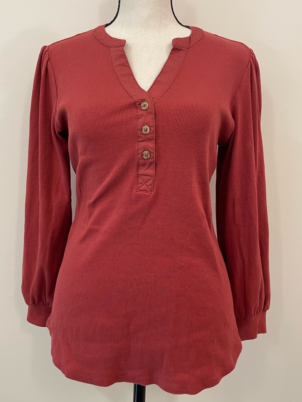 LC Lauren Conrad Ribbed Henley Top Small Puff Sleeve Cottagecore Cotton Blend